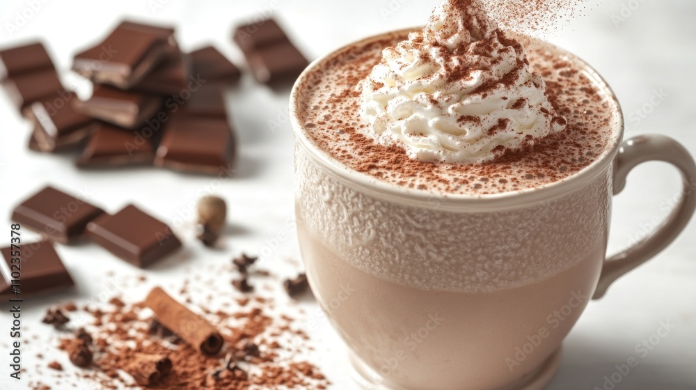 Decadent hot chocolate topped with whipped cream and chocolate shavings in a cozy atmosphere