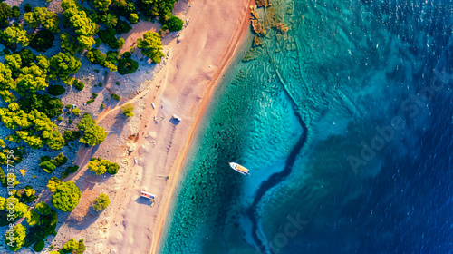 Fototapeta Naklejka Na Ścianę i Meble -  Croatia: Aerial view of a cruise ship during sunset. Adventure and travel landscape with cruise liner on Adriatic Sea.