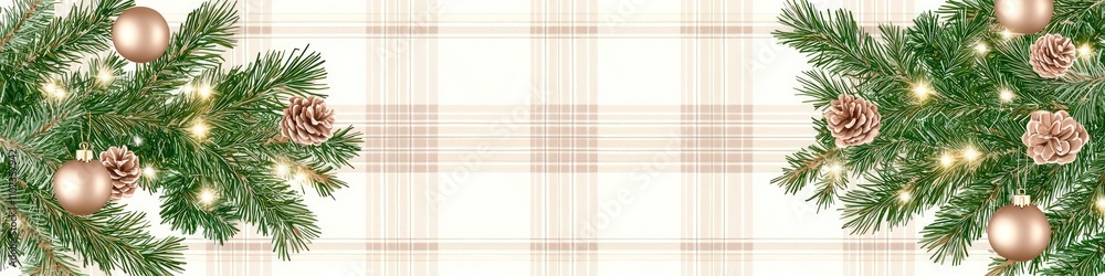Wide rustic Christmas design with cream and taupe plaid patterns, bright green pine garlands, wooden elements, and rose gold highlights Wide rustic Christmas design with cream and taupe plaid patterns, bright green pine garlands, wooden elements, and rose gold highlights
