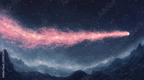 Bright pink comet streaks across a starry night sky above distant mountains in an imaginative cosmic landscape. Generative AI photo