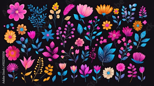 Colorful Floral Elements on Dark Background Featuring Various Flowers, Leaves, and Petals in a Vibrant Artistic Design for Creative Projects