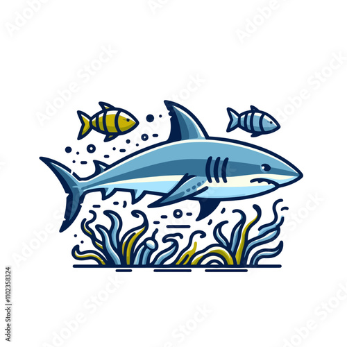 Cartoon shark in nature in water isolated vector illustration