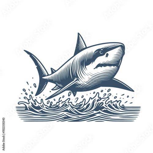 Monochrome engraved shark isolated vector illustration