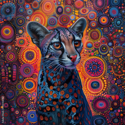 Cat with flowers. Vibrant artistic illustration of an ocelot tiger, wild cat or leopard,with bold colors and intricate dot patterns, set against a dynamic background. Wildlife, abstract, and artistic  photo