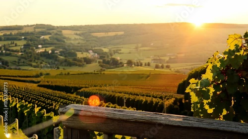 Stunning views from the terrace over the vineyards in the rays of the sunset. A stunning terrace view of vineyards at sunset, with warm rays illuminating the picturesque landscape.