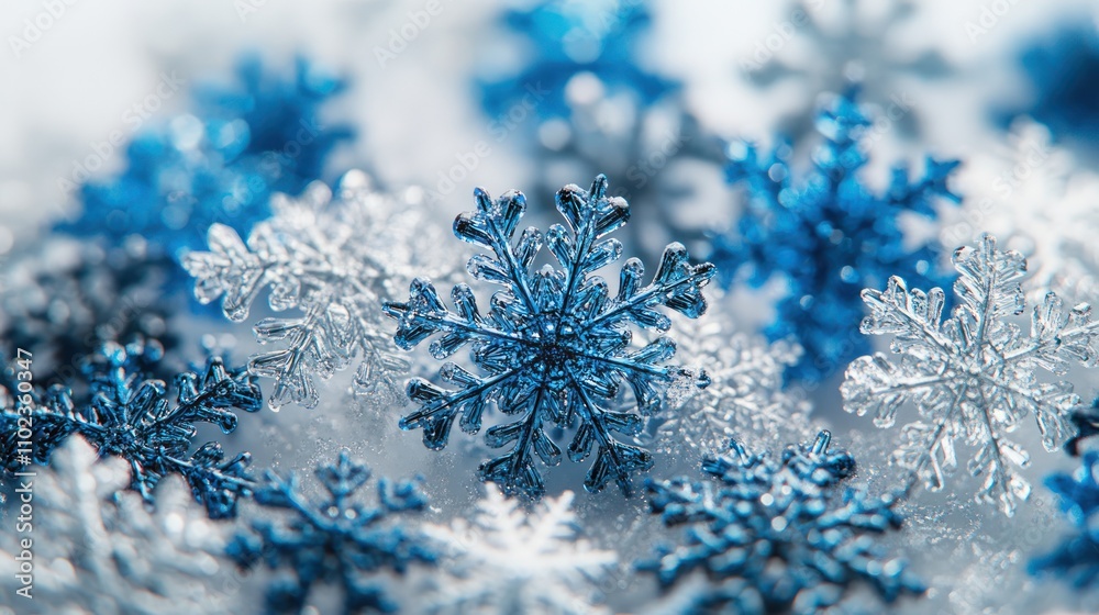 Close-up of delicate, intricate, frosted, blue and white snowflakes scattered on a snowy background. Close-up of delicate, intricate, frosted, blue and white snowflakes scattered on a snowy background.
