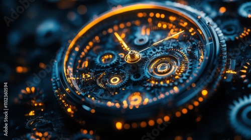 Wallpaper Mural Close-up of intricate clockwork gears, glowing with warm orange highlights against a dark blue background.  A mesmerizing image of precision engineering. Torontodigital.ca