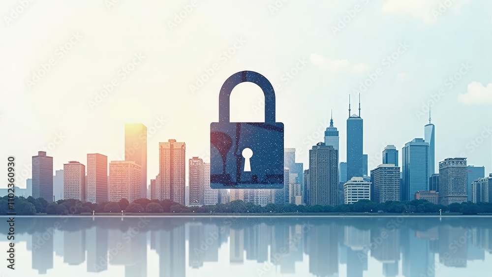 Naklejka premium Stylish minimalistic poster of abstract lock icon combined with a vibrant city skyline symbolizing urban security