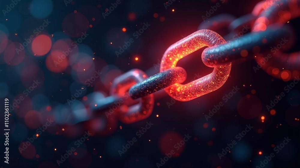 Glowing digital chain-link in focus against a dark data stream background with copyspace Glowing digital chain-link in focus against a dark data stream background with copyspace