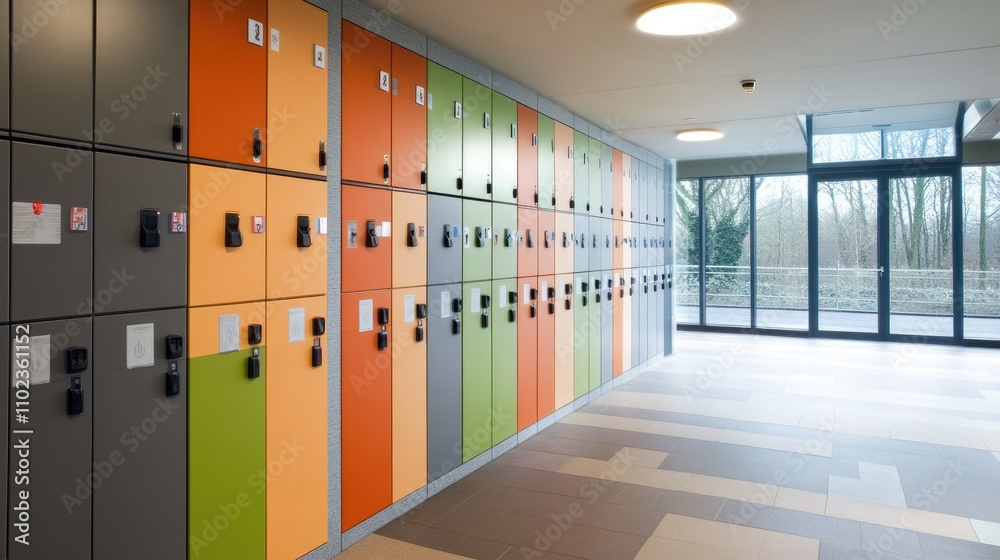 Colorful lockers line a modern hallway with large windows offering a view of trees. Colorful lockers line a modern hallway with large windows offering a view of trees.