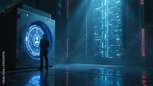 Lone figure in high-tech laboratory overlooking digital vault with illuminated data beams