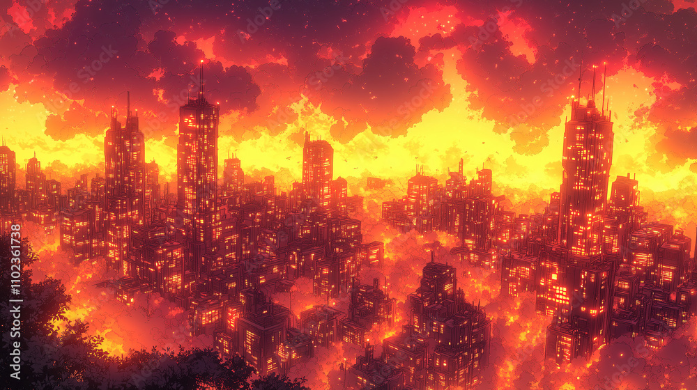 City skyline engulfed in flames at sunset with vibrant colors and dramatic clouds. Generative AI City skyline engulfed in flames at sunset with vibrant colors and dramatic clouds. Generative AI