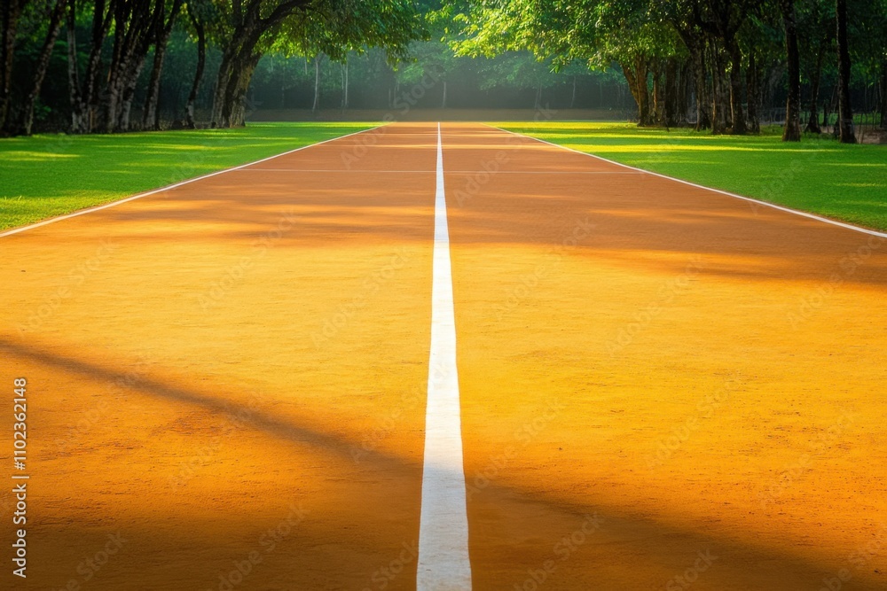 Obraz premium Sunlit Pathway in a Vibrant Green Park with Tall Trees and Shadows