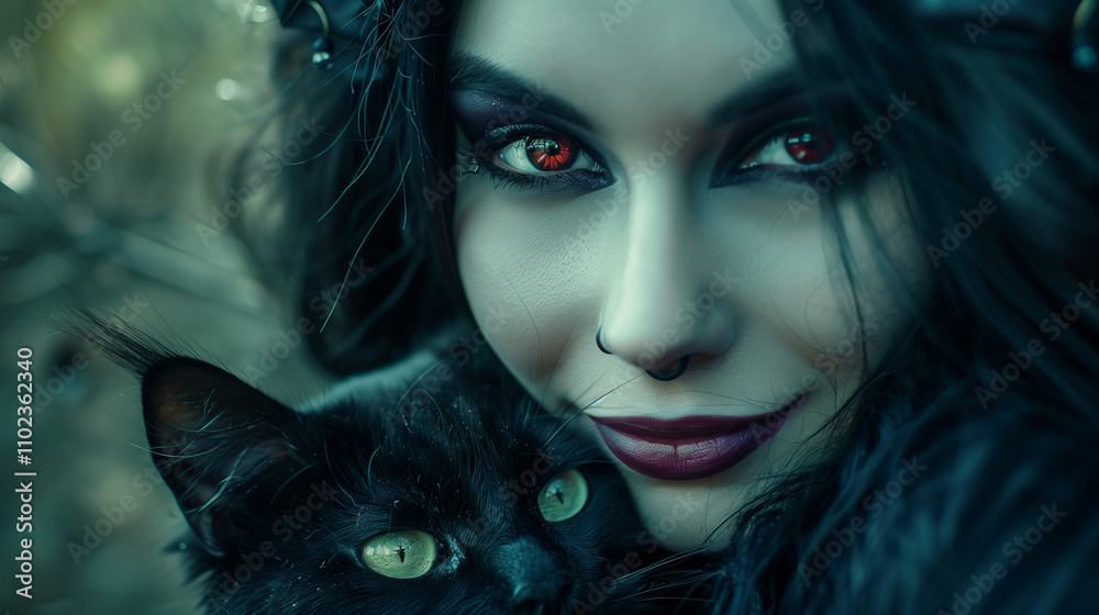Witch with glowing red eyes holding a black cat. Witch with glowing red eyes holding a black cat.