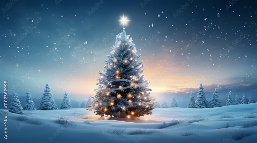 A radiant Christmas tree standing tall in a snowy meadow, adorned with sparkling lights and ornaments that tell stories of holiday joy A radiant Christmas tree standing tall in a snowy meadow, adorned with sparkling lights and ornaments that tell stories of holiday joy