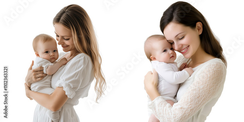 A woman holding her baby in the arms, isolated on a transparent background.