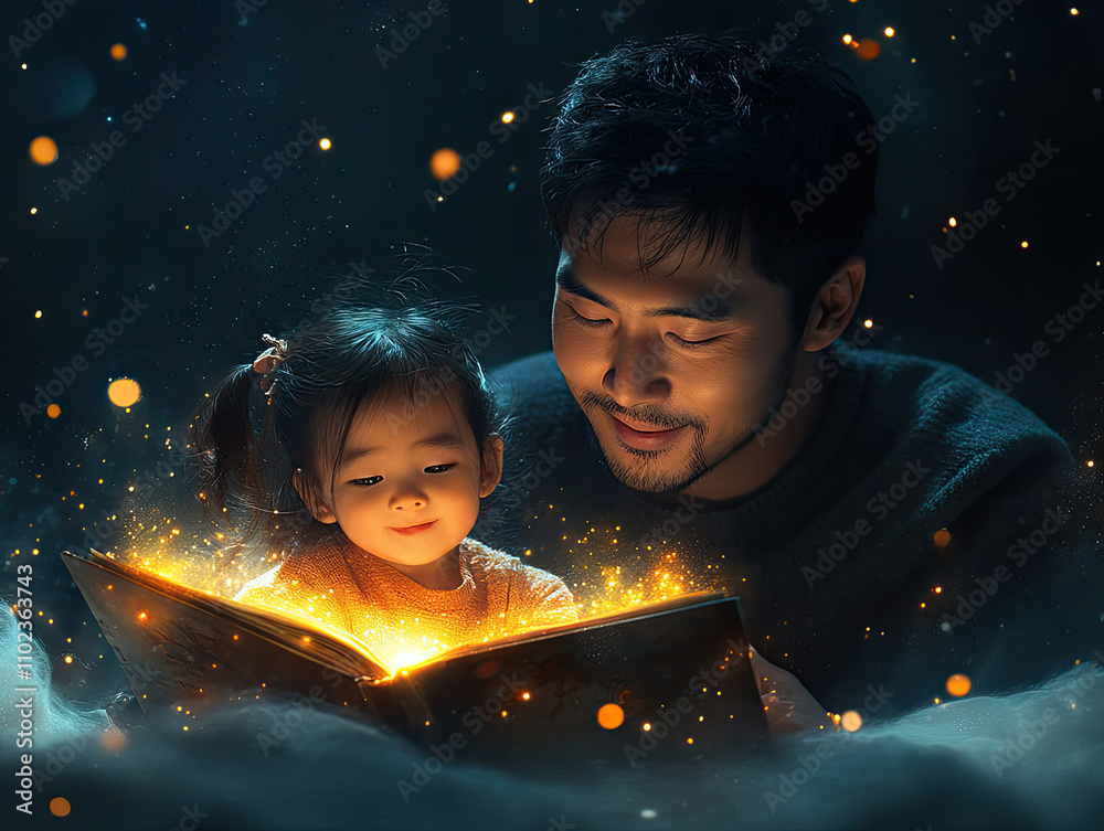 Fototapeta premium Father and Daughter Reading a Magical Book