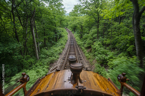 A photograph taken from the top of an old wooden train, in profile, looking down at two tracks running through a thick, green forest.