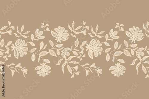 Vintage Floral patterns seamless background border embroidery ethnic batik retro. Flower motifs paisley batik. Brown silhouette  watercolour flowers ikat design hand drawn. Vector illustration. 