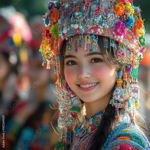 A young woman in traditional Asian dress smiles brightly, her colorful headdress adorned with beads and embroidery.