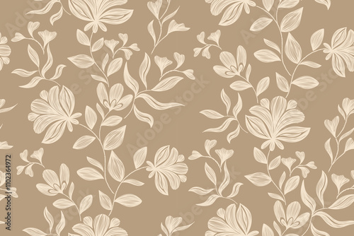 Vintage Floral patterns seamless background border embroidery ethnic batik retro. Flower motifs paisley batik. Brown silhouette  watercolour flowers ikat design hand drawn. Vector illustration. 