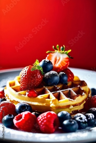 Fluffy waffles topped with ripe strawberries and blueberries. Rich syrup cascades down, creating an inviting and delicious scene ideal for breakfast culture and food photography.