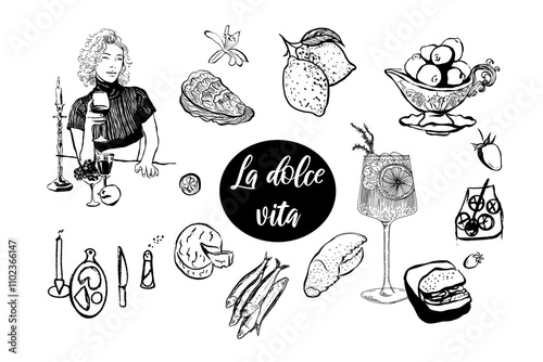 Dolce vita food,  wine, cocktails, dessert, seafood, cheese.  Hand drawn vector isolated set.