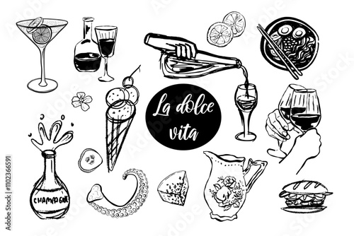 Dolce vita food,  wine, cocktails, dessert, seafood, cheese.  Hand drawn vector isolated set.