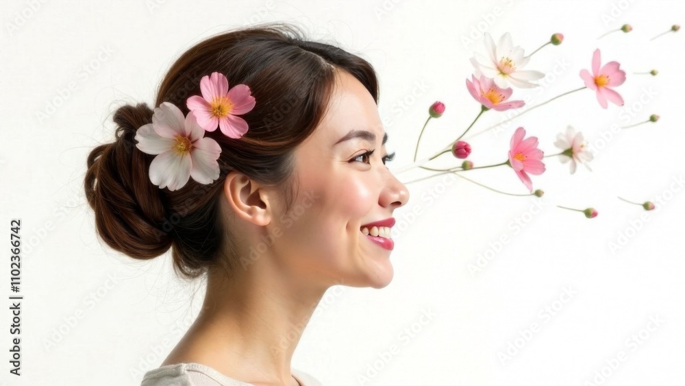 Abstract portrait of a young woman with flowers in her hair, on her face Abstract portrait of a young woman with flowers in her hair, on her face