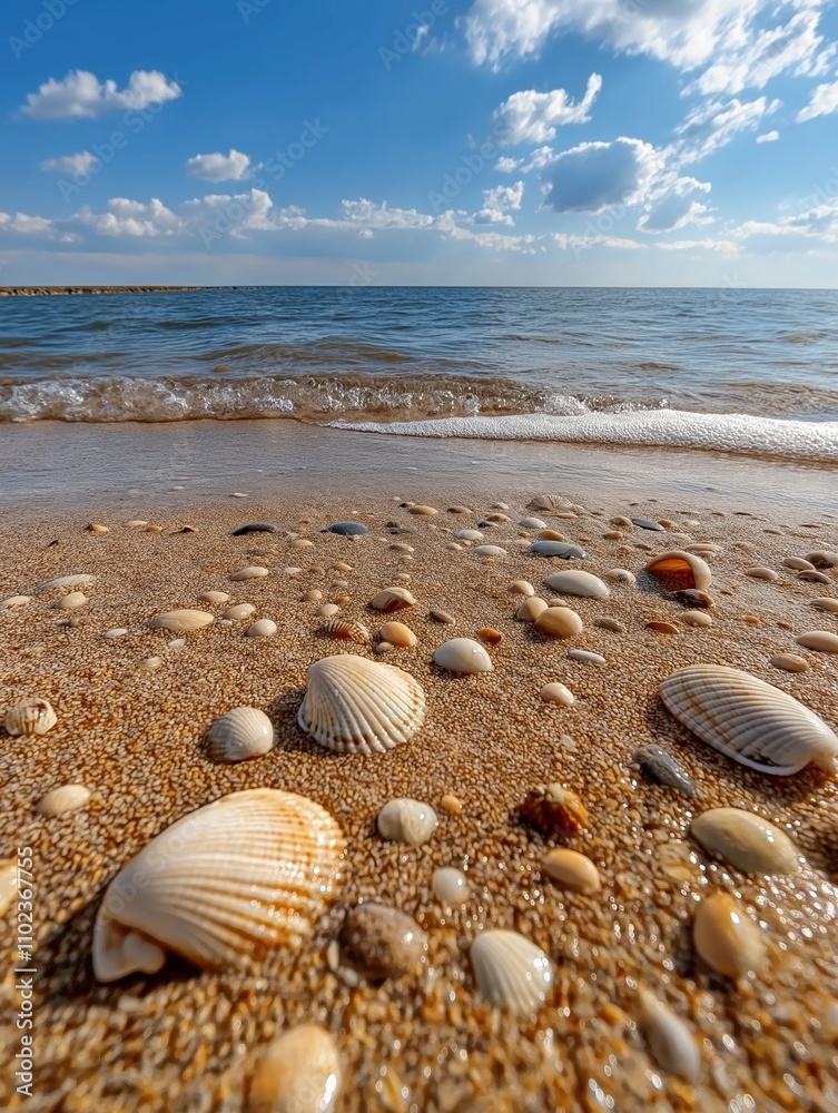 Collecting seashells on the beach coastal area sunny day close-up