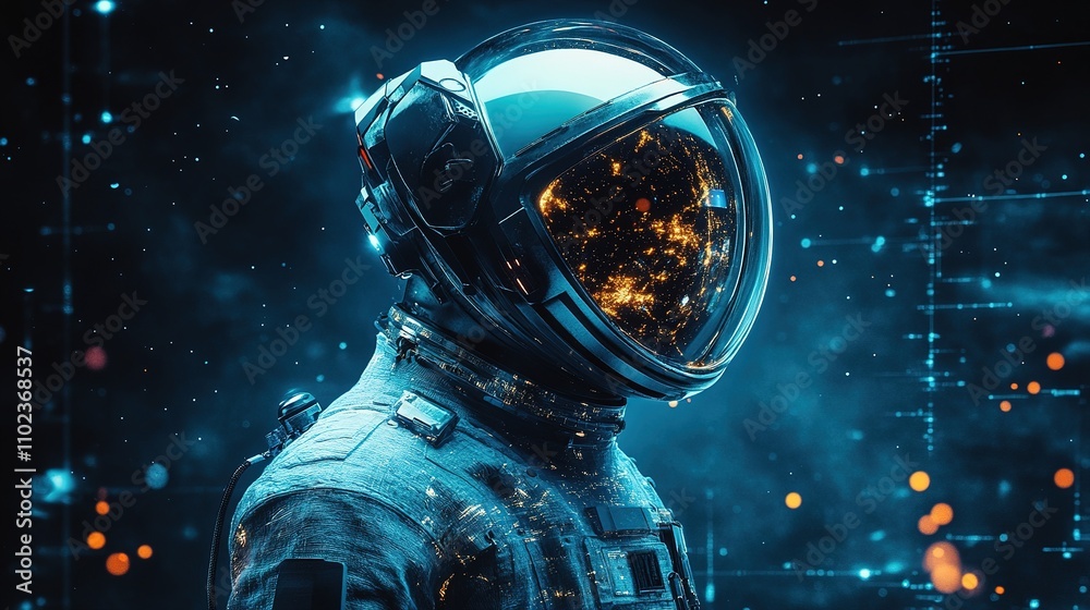 A futuristic astronaut stands against a cosmic backdrop filled with stars and vibrant particles, embodying the essence of space exploration. A futuristic astronaut stands against a cosmic backdrop filled with stars and vibrant particles, embodying the essence of space exploration.