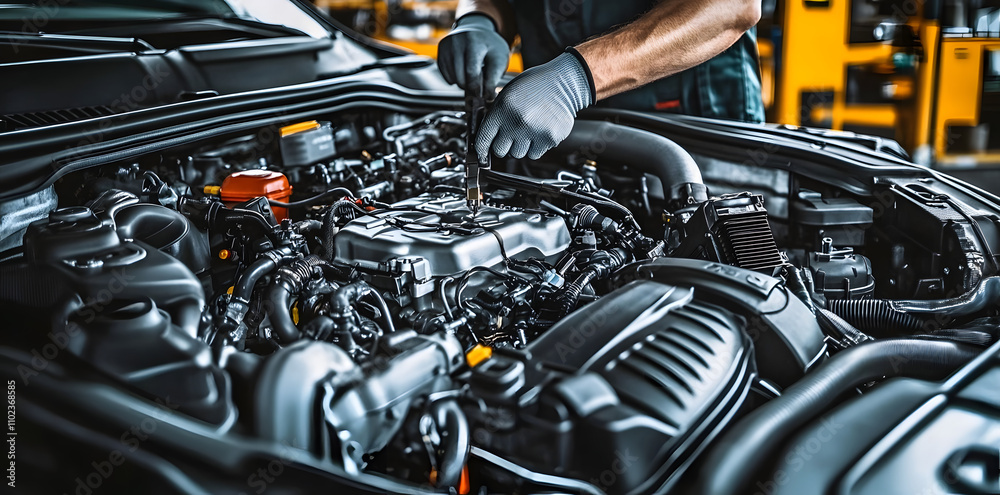 Mechanic fixing car engine in garage for car repair service. Concept Car Repair. Mechanic fixing car engine in garage for car repair service. Concept Car Repair.