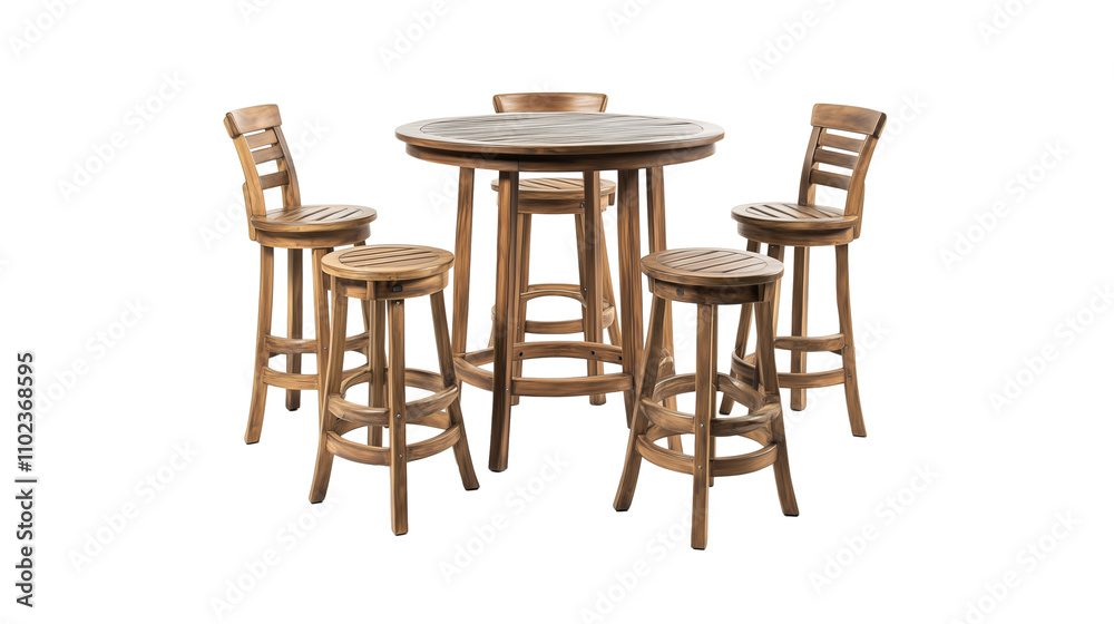 Five-piece wooden patio bar set with stools and high table isolated on transparent background Five-piece wooden patio bar set with stools and high table isolated on transparent background