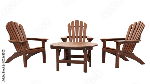 Beach-style patio set with Adirondack wooden chairs and table isolated on transparent background