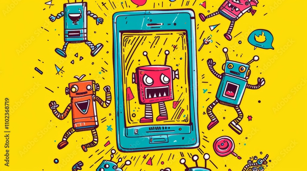A vibrant cartoon-style illustration featuring colorful robots dancing around a smartphone, symbolizing technology and fun interaction. AI generated at the end.