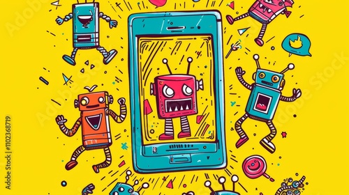 Obraz na płótnie A vibrant cartoon-style illustration featuring colorful robots dancing around a smartphone, symbolizing technology and fun interaction. AI generated at the end. w salonie