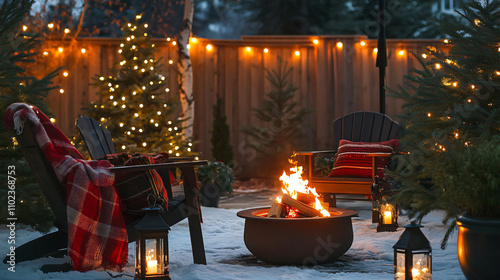 Outdoor Christmas Patio: a cozy, holiday-themed patio with string lights, warm blankets on rustic chairs, a fire pit, lanterns, and winter plants in large pots for a welcoming feel.