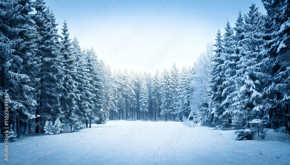 Snowy forest scene in shades of white and light blue, pine trees with frost at the edges, and a soft focus blank center Snowy forest scene in shades of white and light blue, pine trees with frost at the edges, and a soft focus blank center