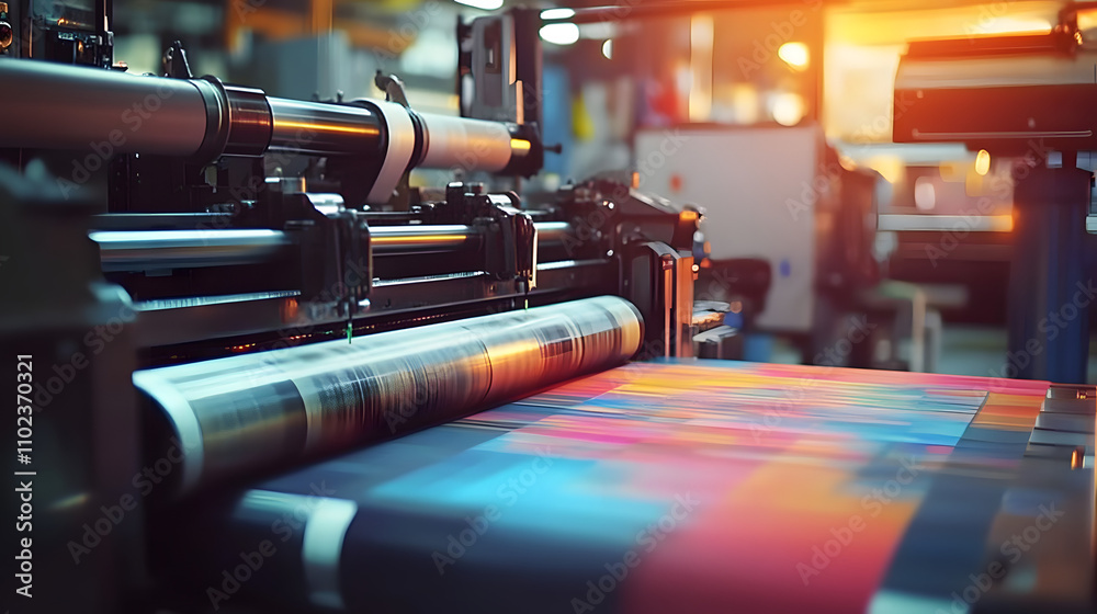 Close-up of a press printing machine in operation of printing in color. Printing house, publishing industry. ai generative Close-up of a press printing machine in operation of printing in color. Printing house, publishing industry. ai generative