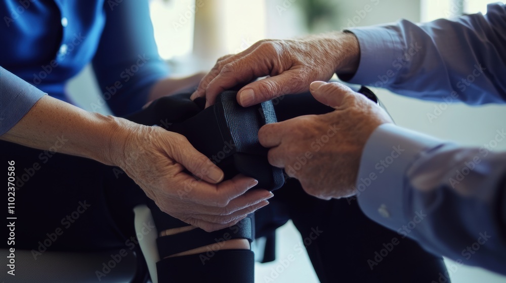 Therapist carefully adjusting an elderly patient’s knee brace, focusing on the supportive hands and detailed equipment. Close-up emphasizes care, precision, and therapeutic attention