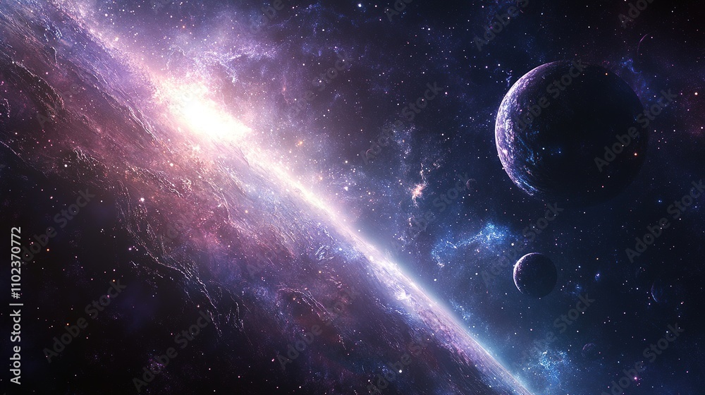 Obraz premium A stunning cosmic scene featuring vibrant galaxies, stars, and planets, showcasing the vastness and beauty of the universe.