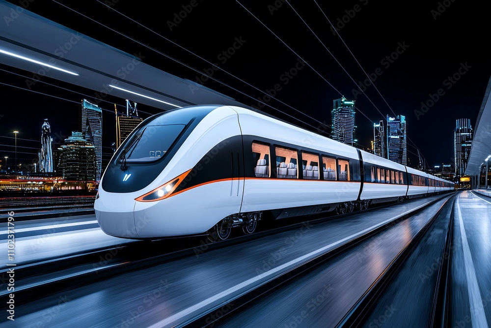 Naklejka premium A high-speed train with vibrant light trails zips by quickly. Smart technology represents the future. Innovation concept. Created with generative AI.