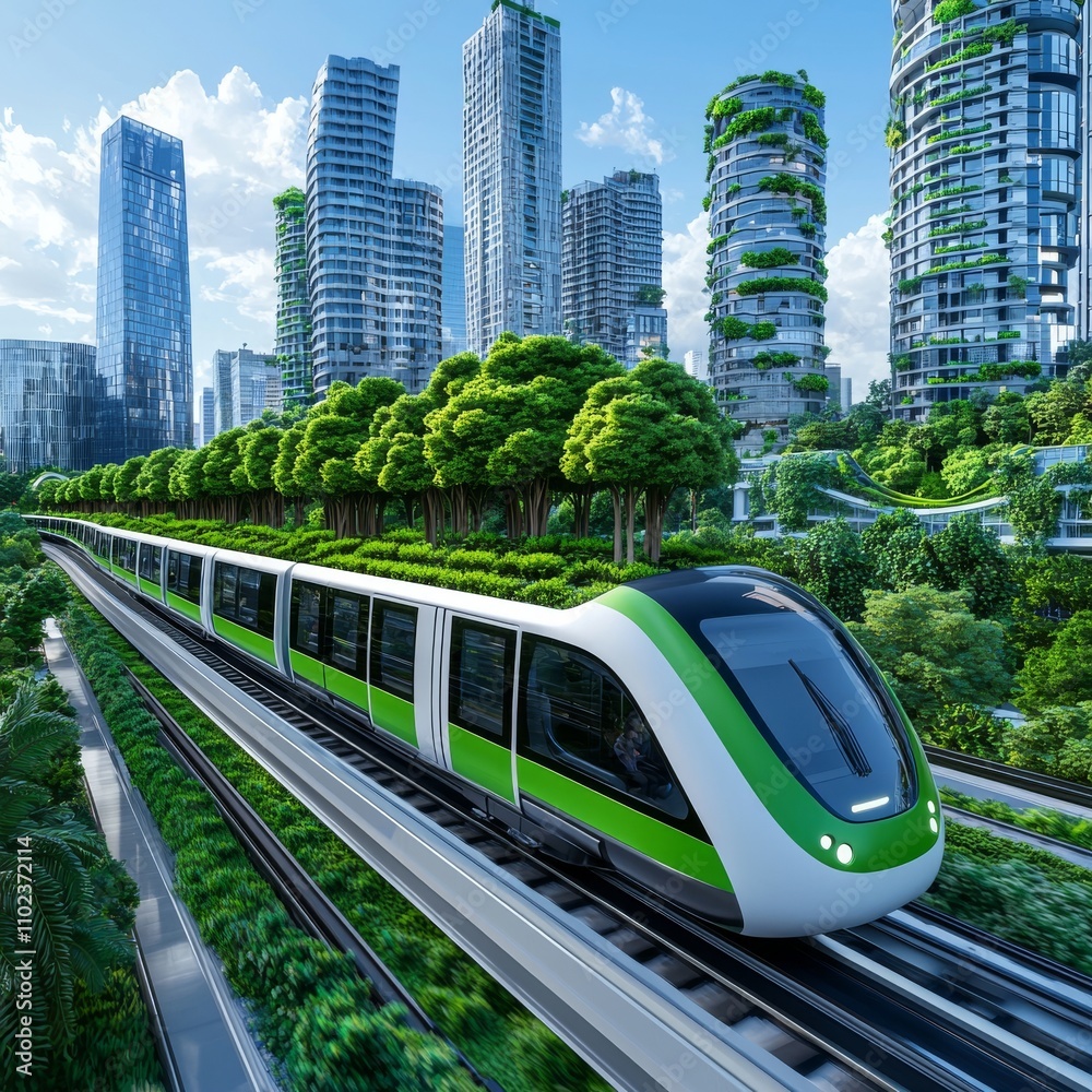 Naklejka premium Visual representation of an effective and environmentally friendly transportation network enabled. Future green city featuring public transit and a zero-waste system. Stock image.