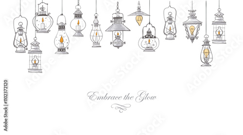 Vintage doodle lanterns hanging and softly glowing hand drawn on white background. Vector illustration with place for your text