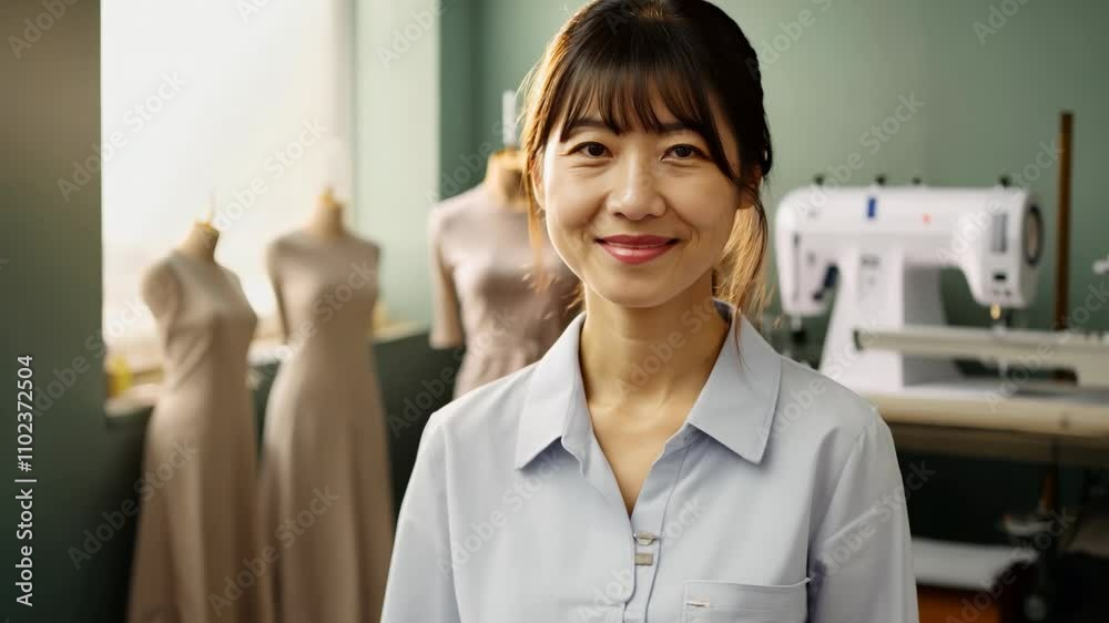 Young smiley Asian female tailor looking at camera while standing in her workshop. A cheerful tailor stands in her workshop, eager to share her love for sewing and design with you. Young smiley Asian female tailor looking at camera while standing in her workshop. A cheerful tailor stands in her workshop, eager to share her love for sewing and design with you.