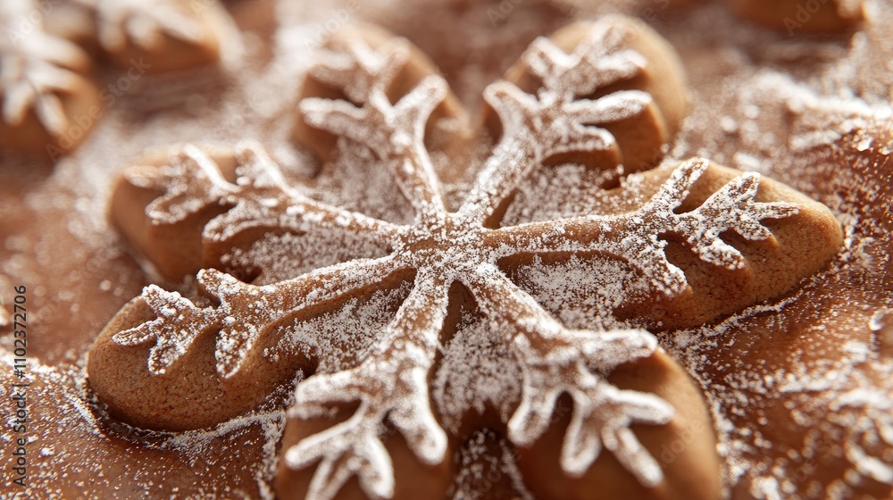 Close-up of festive gingerbread cookies shaped as snowflakes, dusted with powdered sugar for a charming holiday treat.