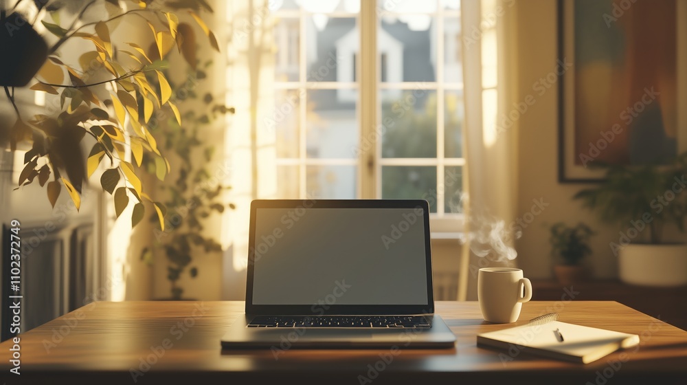 Fototapeta premium A modern laptop on a wooden table, coffee, notes, and plants create a cozy, inspiring workspace.