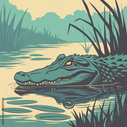 Vintage Alligator Swamp Illustration - Teal Vector EPS Graphic.