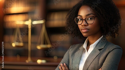 Confident Black female lawyer with glasses, standing in a law library with scales of justice in the background. photo