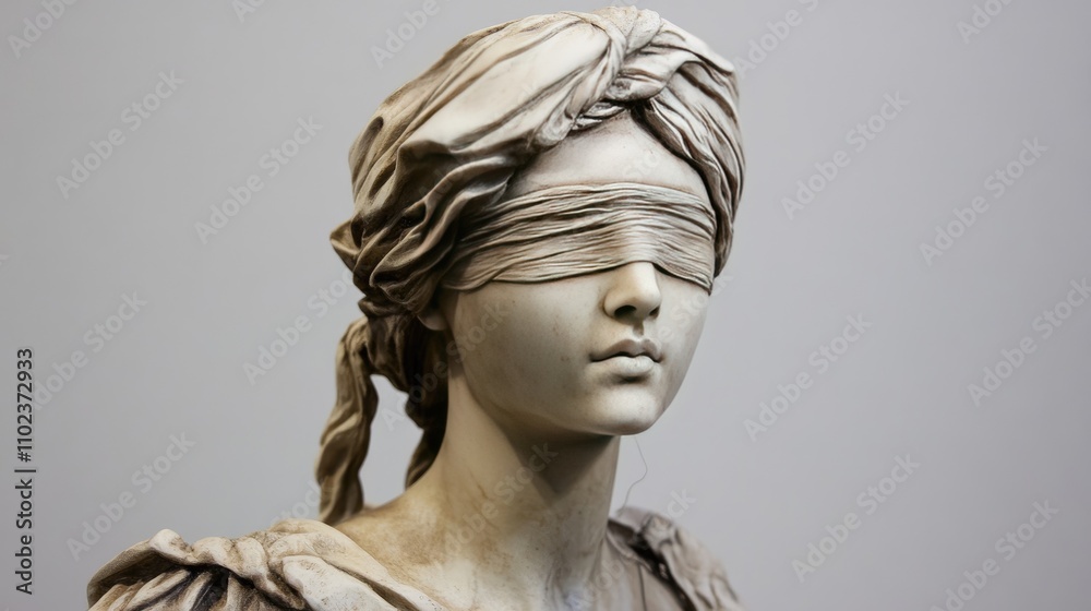 An elegant blindfolded female statue, showcasing classical artistry and intricate details in a neutral setting.